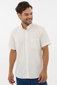 Natural Linen-Look Cotton Slub Short Sleeve Sport Shirt with Button-Down Collar by Leo Chevalier