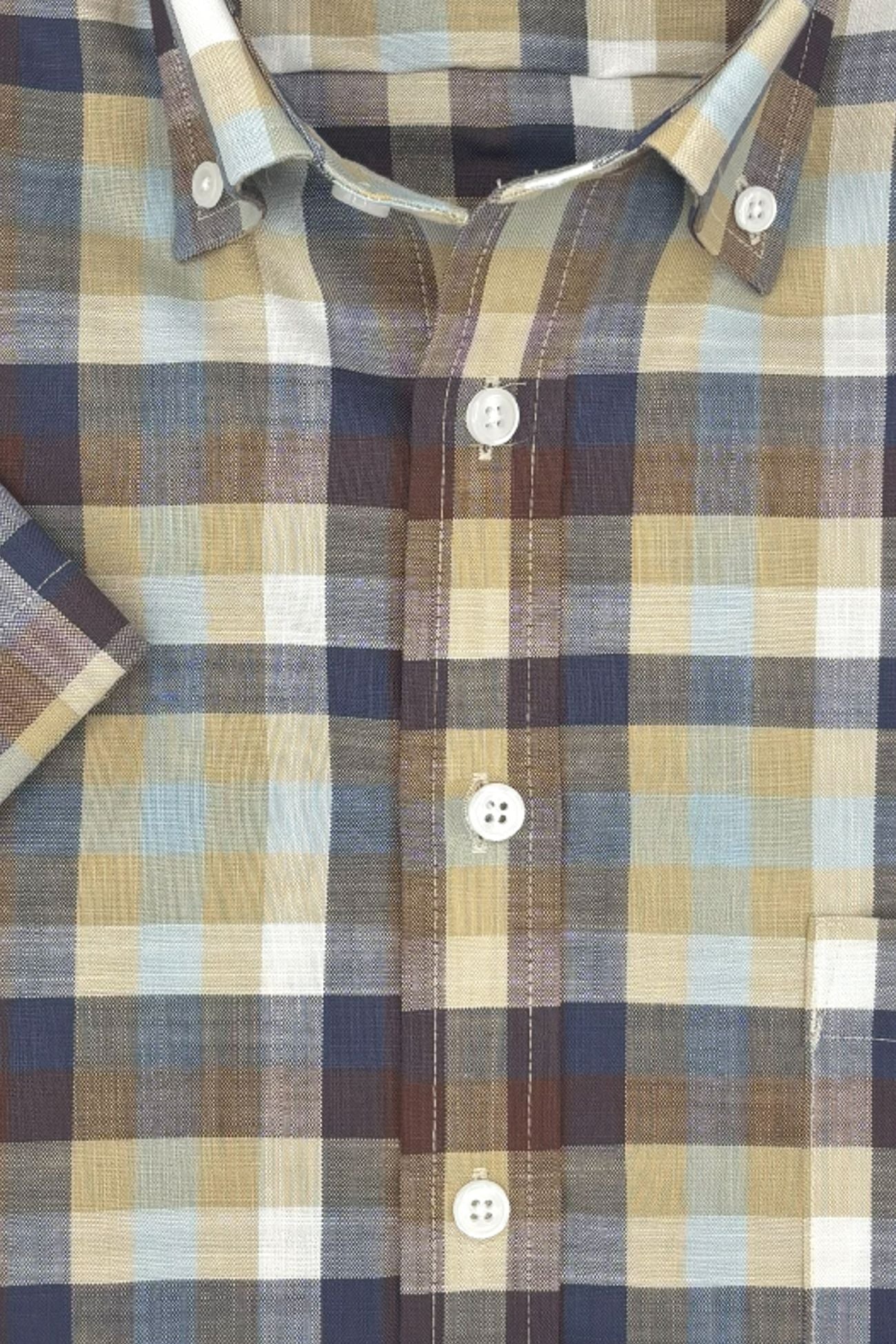 Brown, Navy, and Tan Multi Plaid Woven Short Sleeve No-Iron Cotton Sport Shirt with Button Down Collar by Leo Chevalier