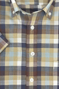 Brown, Navy, and Tan Multi Plaid Woven Short Sleeve No-Iron Cotton Sport Shirt with Button Down Collar by Leo Chevalier