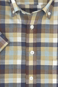Brown, Navy, and Tan Multi Plaid Woven Short Sleeve No-Iron Cotton Sport Shirt with Button Down Collar by Leo Chevalier