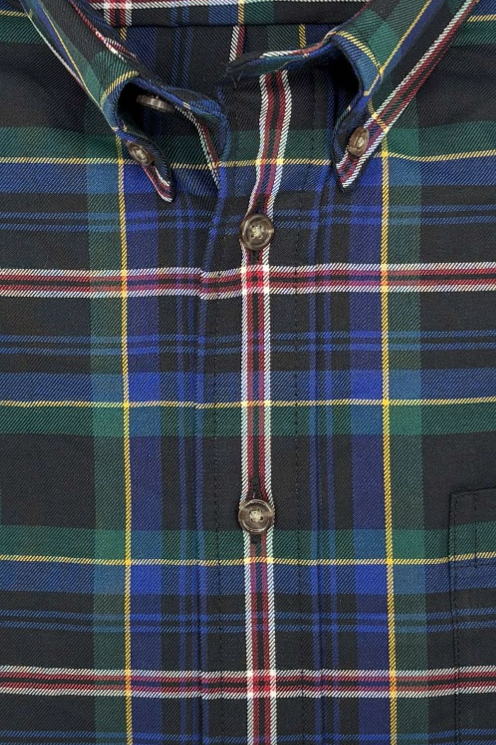 Navy, Black, and Green Tartan Cotton and Wool Blend Button-Down Shirt by Viyella