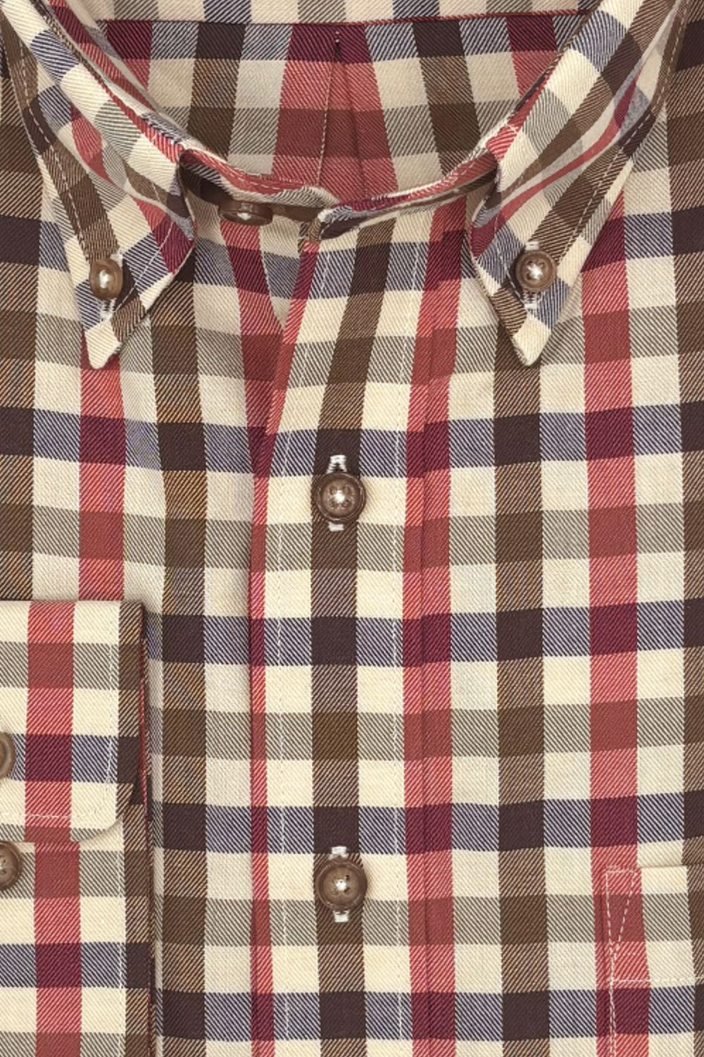 Red, Brown, Navy, and Cream Plaid Cotton and Wool Blend Button-Down Shirt by Viyella