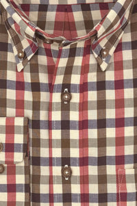Red, Brown, Navy, and Cream Plaid Cotton and Wool Blend Button-Down Shirt by Viyella