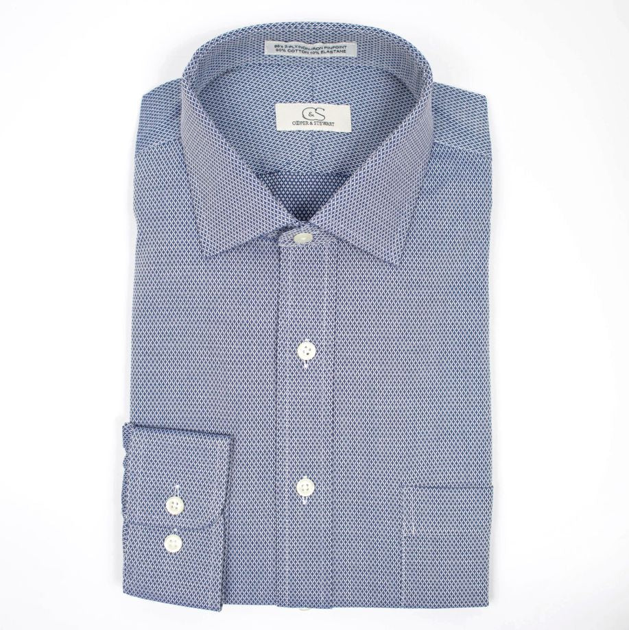 Blue and White Diamond Dobby Wrinkle-Free Cotton Dress Shirt with Spread Collar by Cooper & Stewart