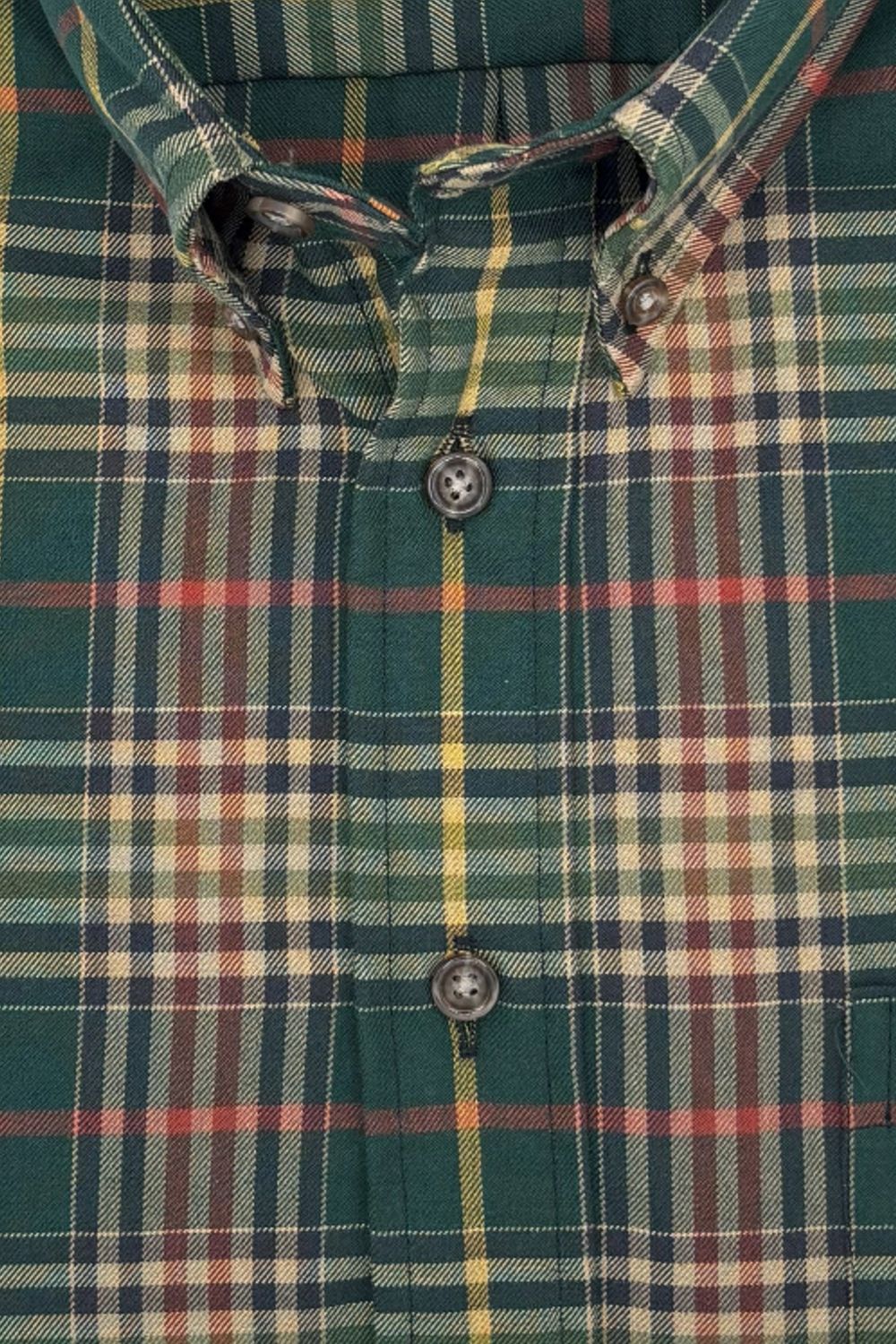 Forest Green Multi Plaid Cotton and Wool Blend Button-Down Shirt by Vi