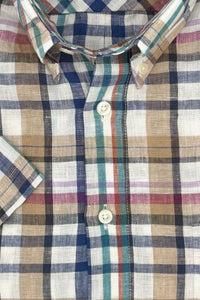 Tan Multi Plaid Linen Short Sleeve Sport Shirt by Viyella