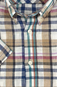 Tan Multi Plaid Linen Short Sleeve Sport Shirt by Viyella