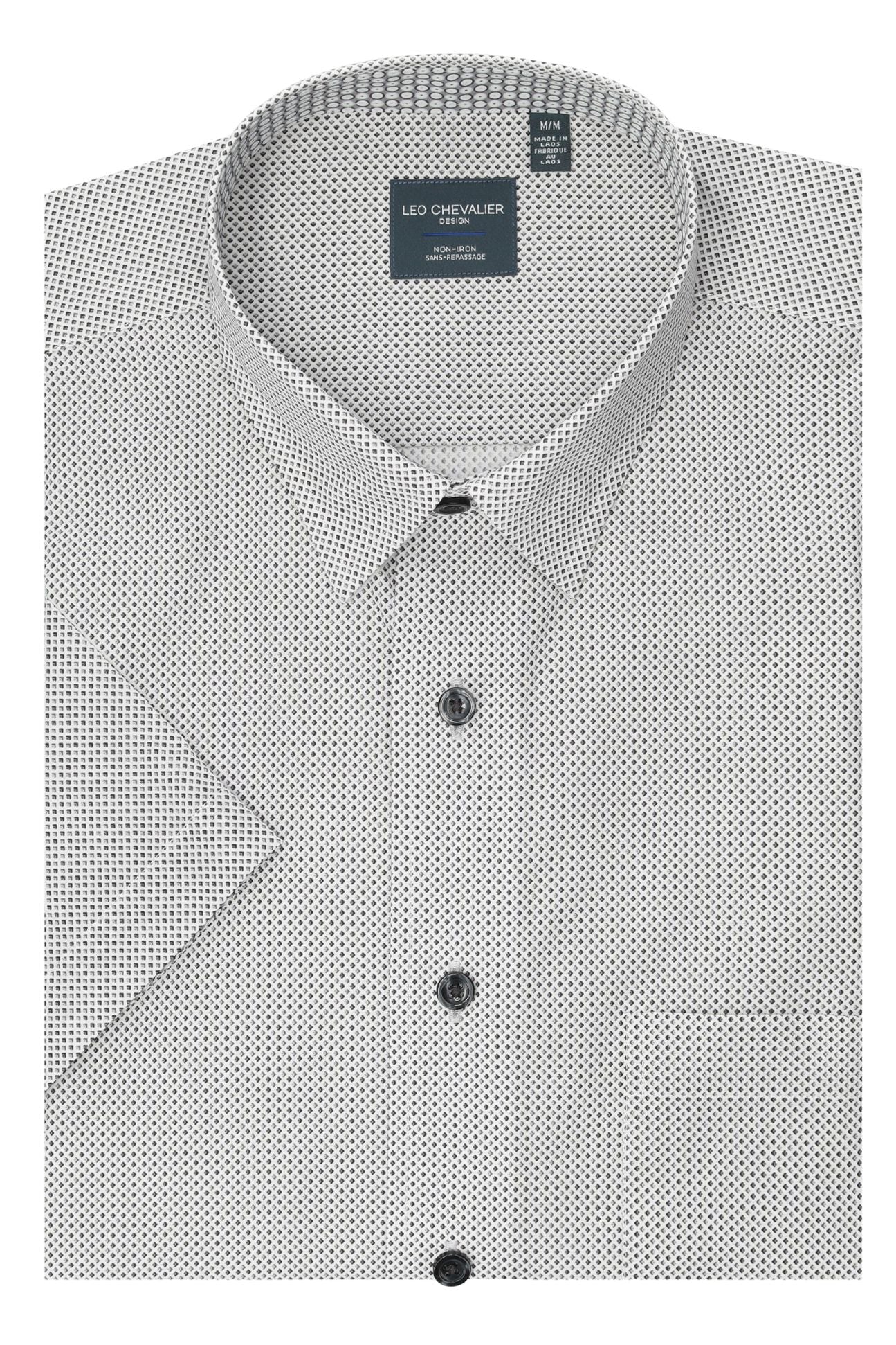 Multi Grey Mini Neat Geometric Short Sleeve No-Iron Cotton Sport Shirt with Hidden Button Down Collar by Leo Chevalier