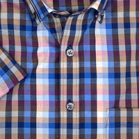 Blue Multi Plaid Short Sleeve No-Iron Cotton Sport Shirt with Button Down Collar by Leo Chevalier