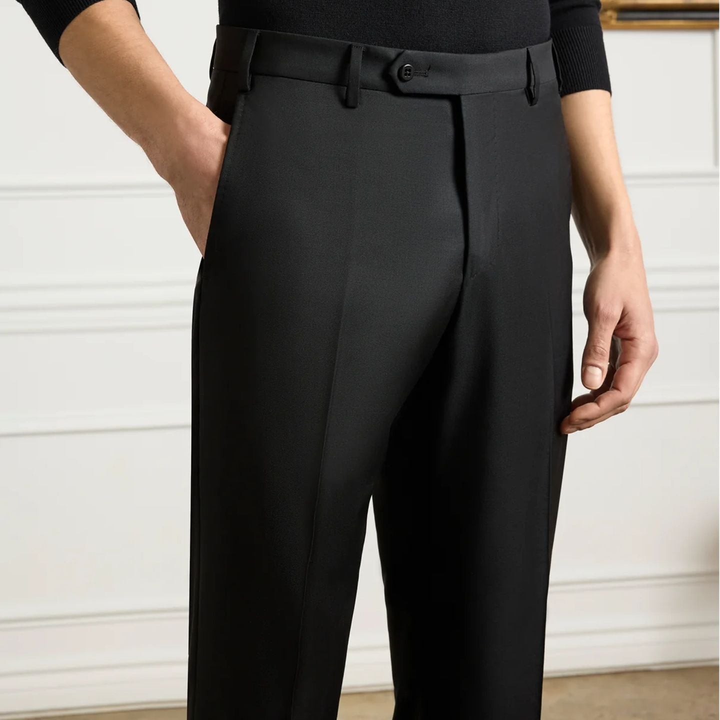 Devon Flat Front Super 120s Wool Serge Trouser in Black (Modern Full Fit) by Zanella