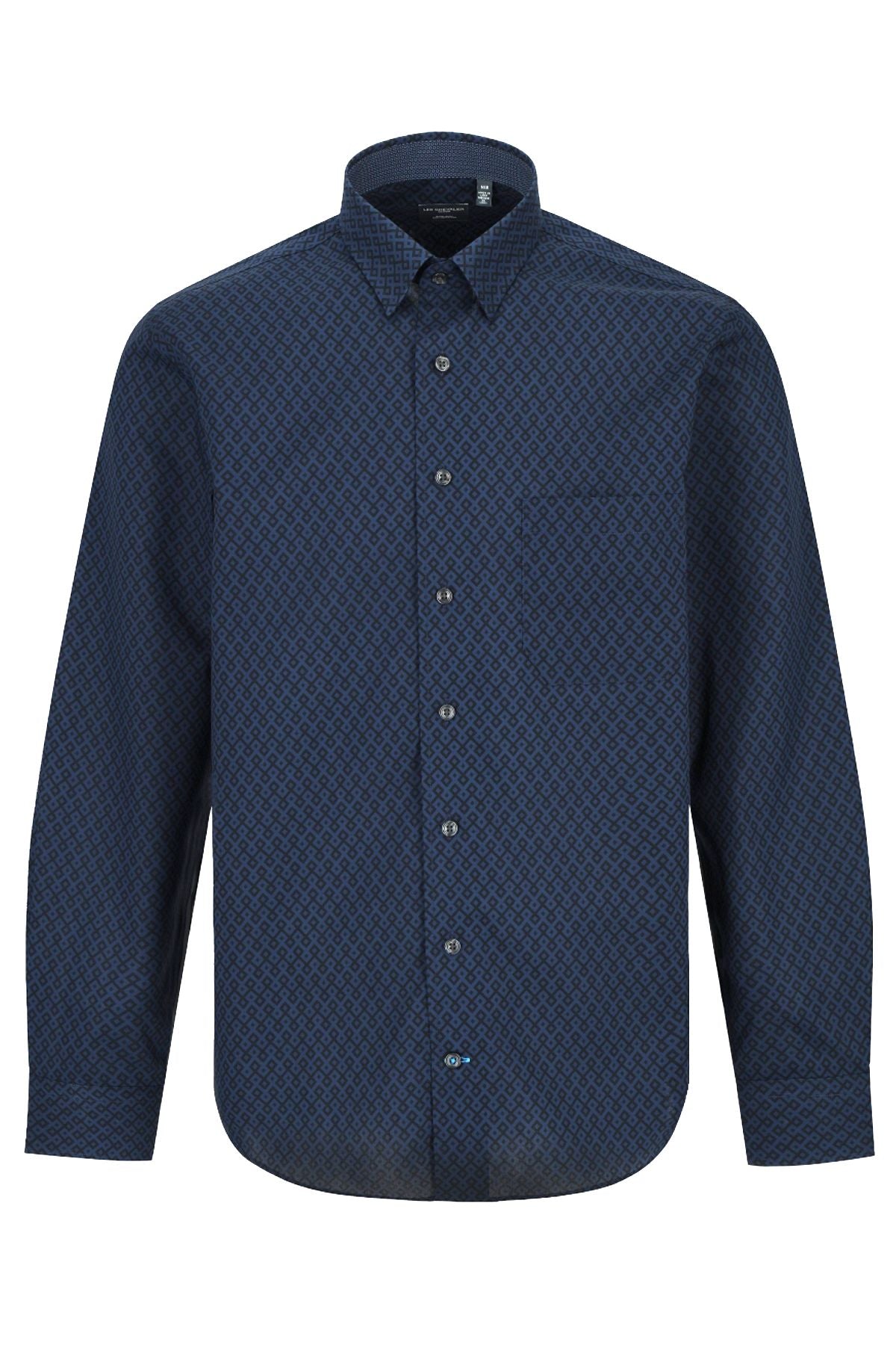 Navy and Blue Geometric Cotton Sport Shirt with Hidden Button Down Collar by Leo Chevalier