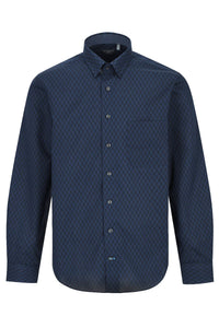 Navy and Blue Geometric Cotton Sport Shirt with Hidden Button Down Collar by Leo Chevalier