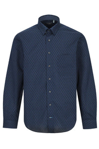 Navy and Blue Geometric Cotton Sport Shirt with Hidden Button Down Collar by Leo Chevalier