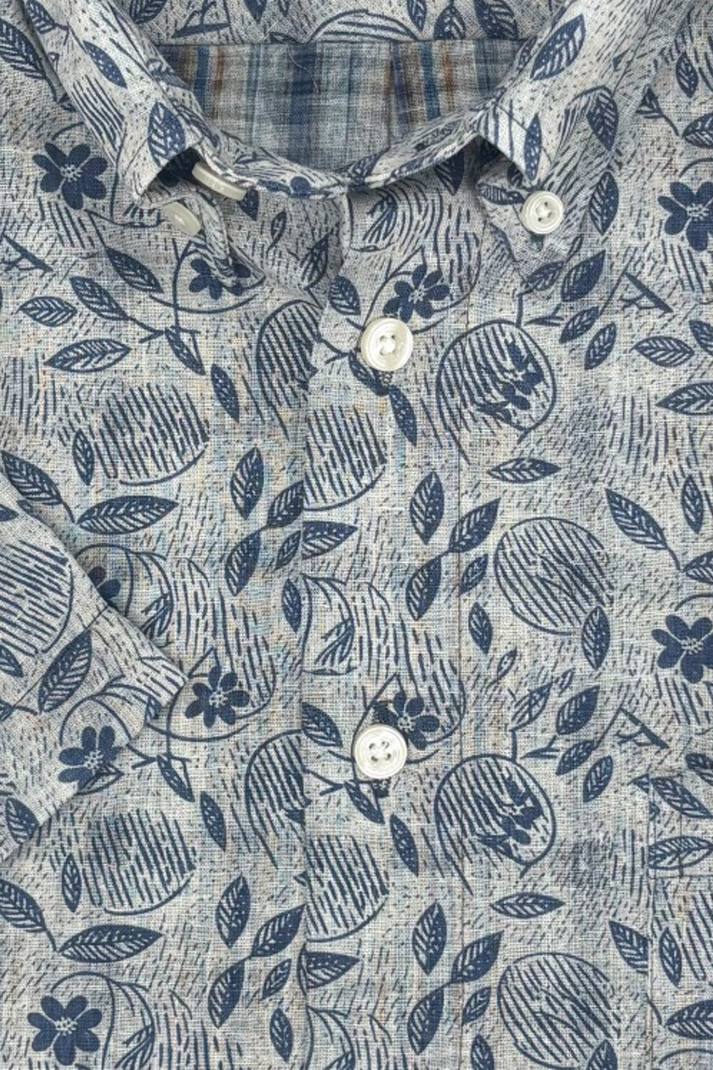Blue Multi Botanical Print Cotton and Linen Short Sleeve Sport Shirt by Viyella