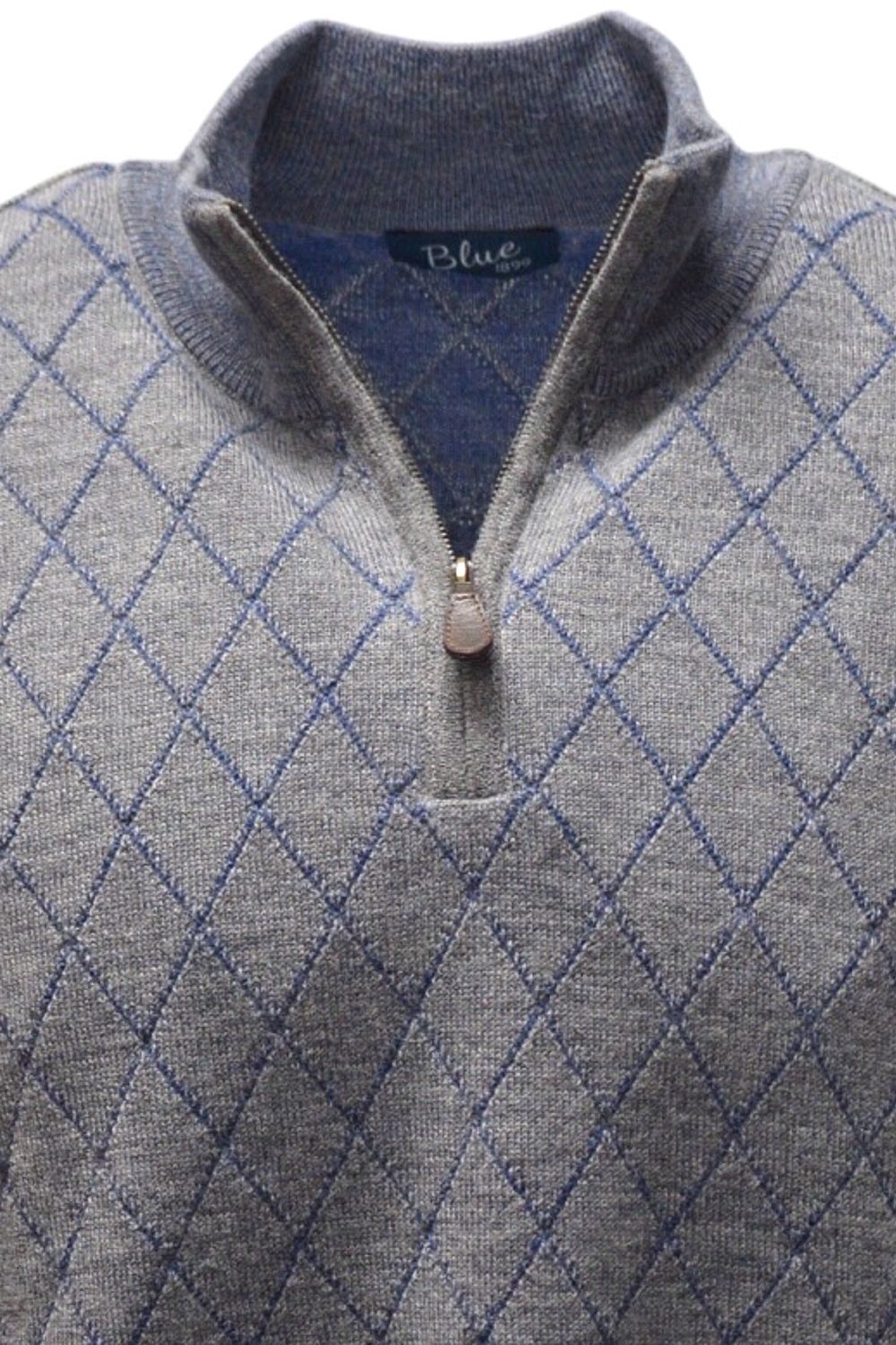 Baby Alpaca Diamond Raker Quarter-Zip Sweater in Derby Grey/Admiral Blue by Blue 1899