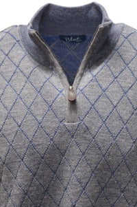 Baby Alpaca Diamond Raker Quarter-Zip Sweater in Derby Grey/Admiral Blue by Blue 1899