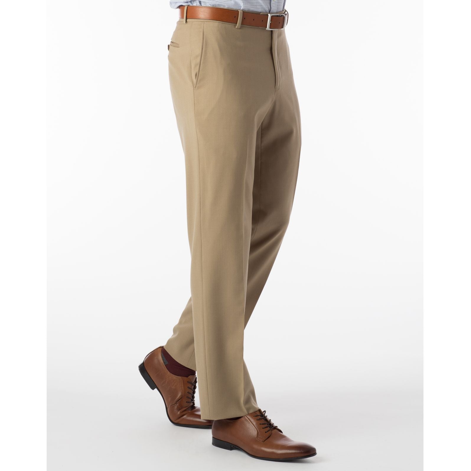 LONG FIT Super 120s Wool Gabardine Comfort-EZE Trouser in Tan (Plain Front Model) by Ballin