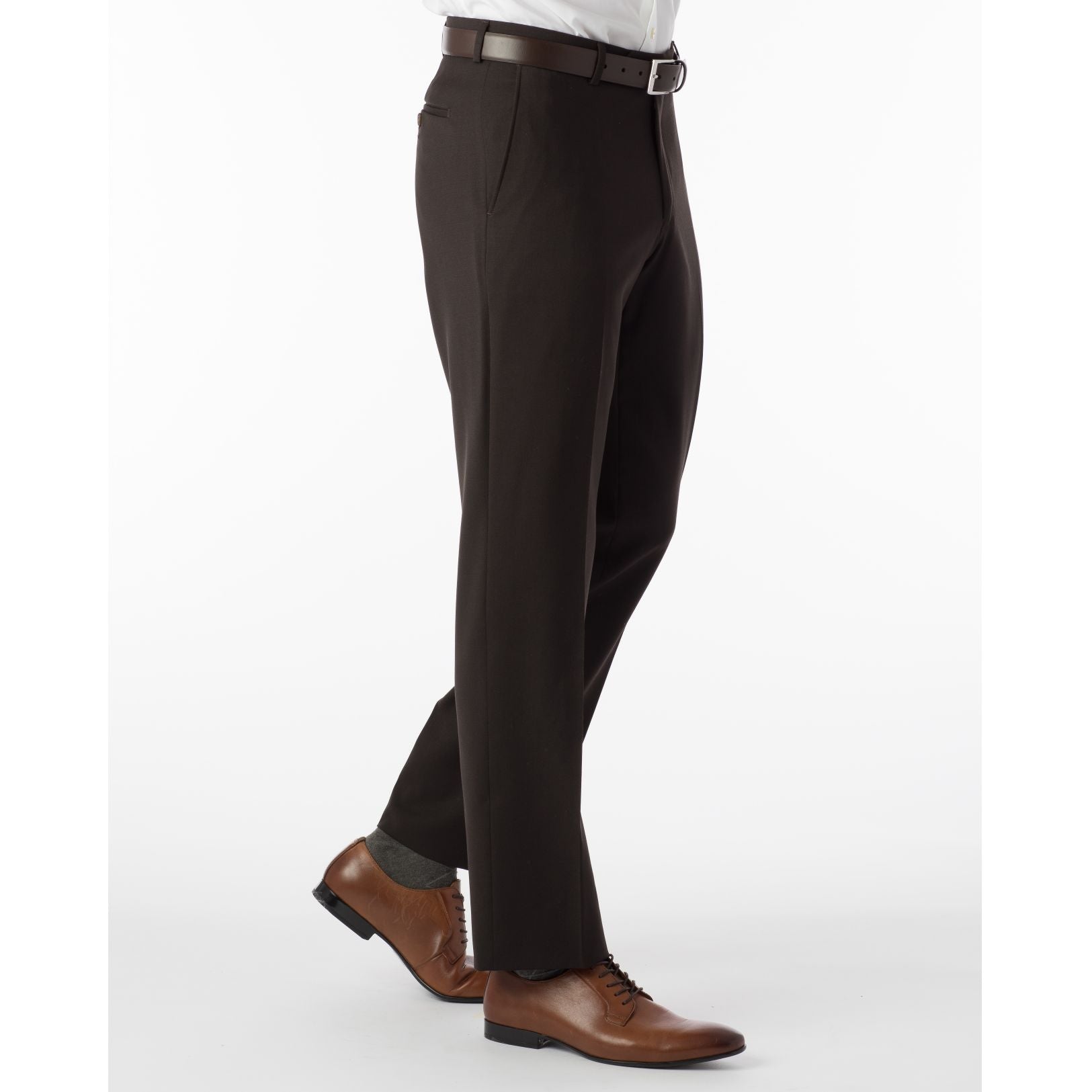 LONG FIT Super 120s Wool Gabardine Comfort-EZE Trouser in Brown (Plain Front Model) by Ballin