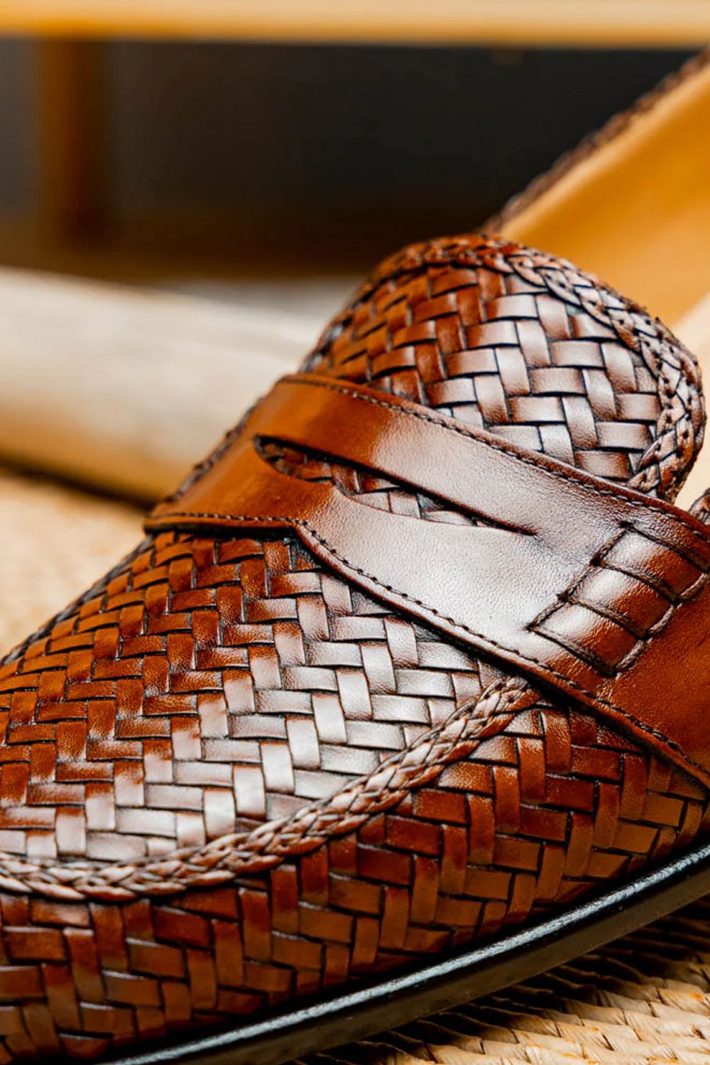 Nicola Woven Italian Calfskin Penny Loafer in Cognac by Zelli Italia