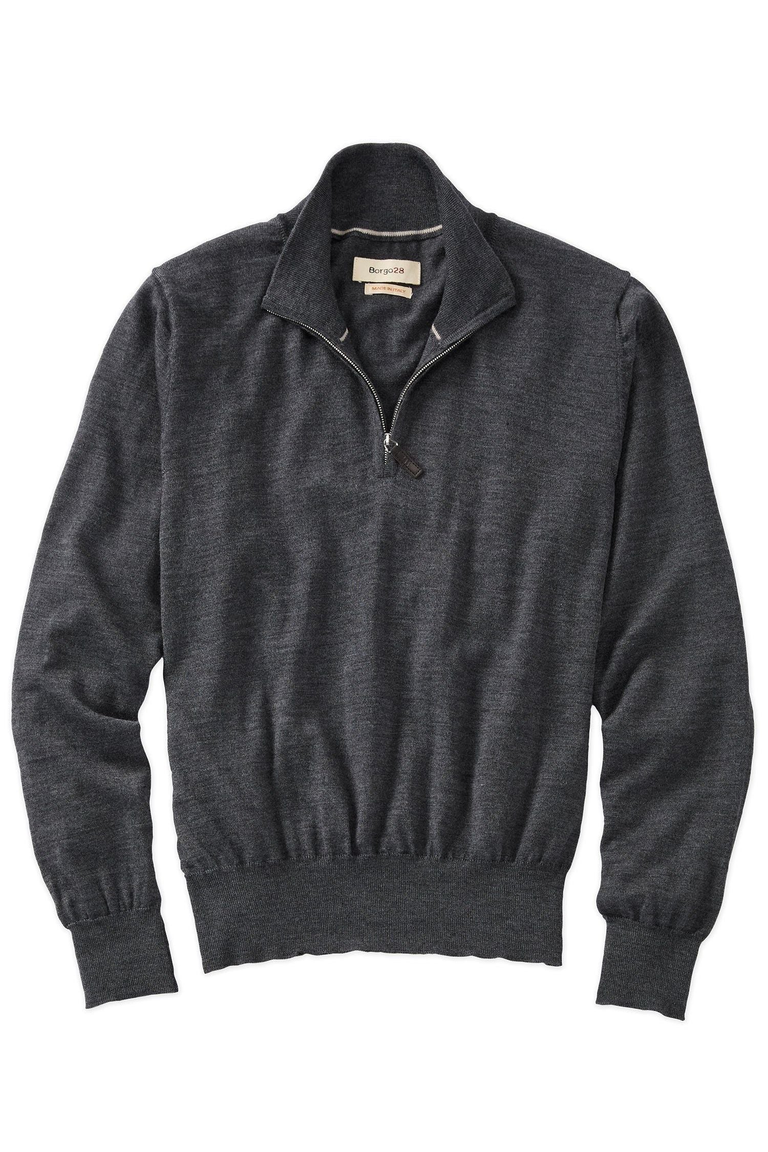 Italian Pure Merino Wool Quarter-Zip Sweater in Dark Grey Mélange by Borgo28