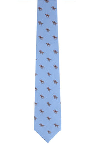 Down the Stretch Racehorse Pattern Linen and Silk Blend Tie in Light Blue by Trafalgar