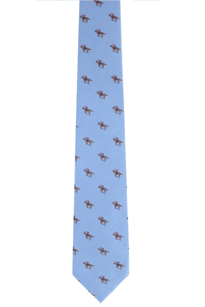 Down the Stretch Racehorse Pattern Linen and Silk Blend Tie in Light Blue by Trafalgar