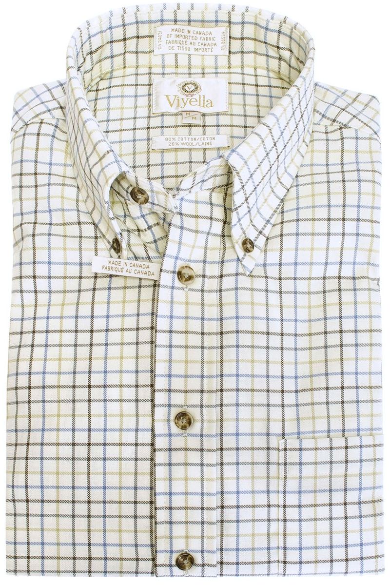 Brown, Blue, and Winter White Windowpane Check Cotton and Wool Blend Button-Down Shirt by Viyella