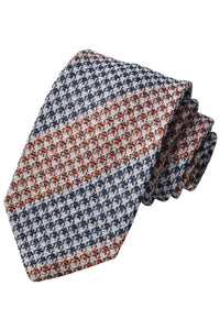 Orange, Denim Blue, and Latte Herringbone Plaid Silk, Linen, and Cotton Woven Jacquard Tie by Dion Neckwear