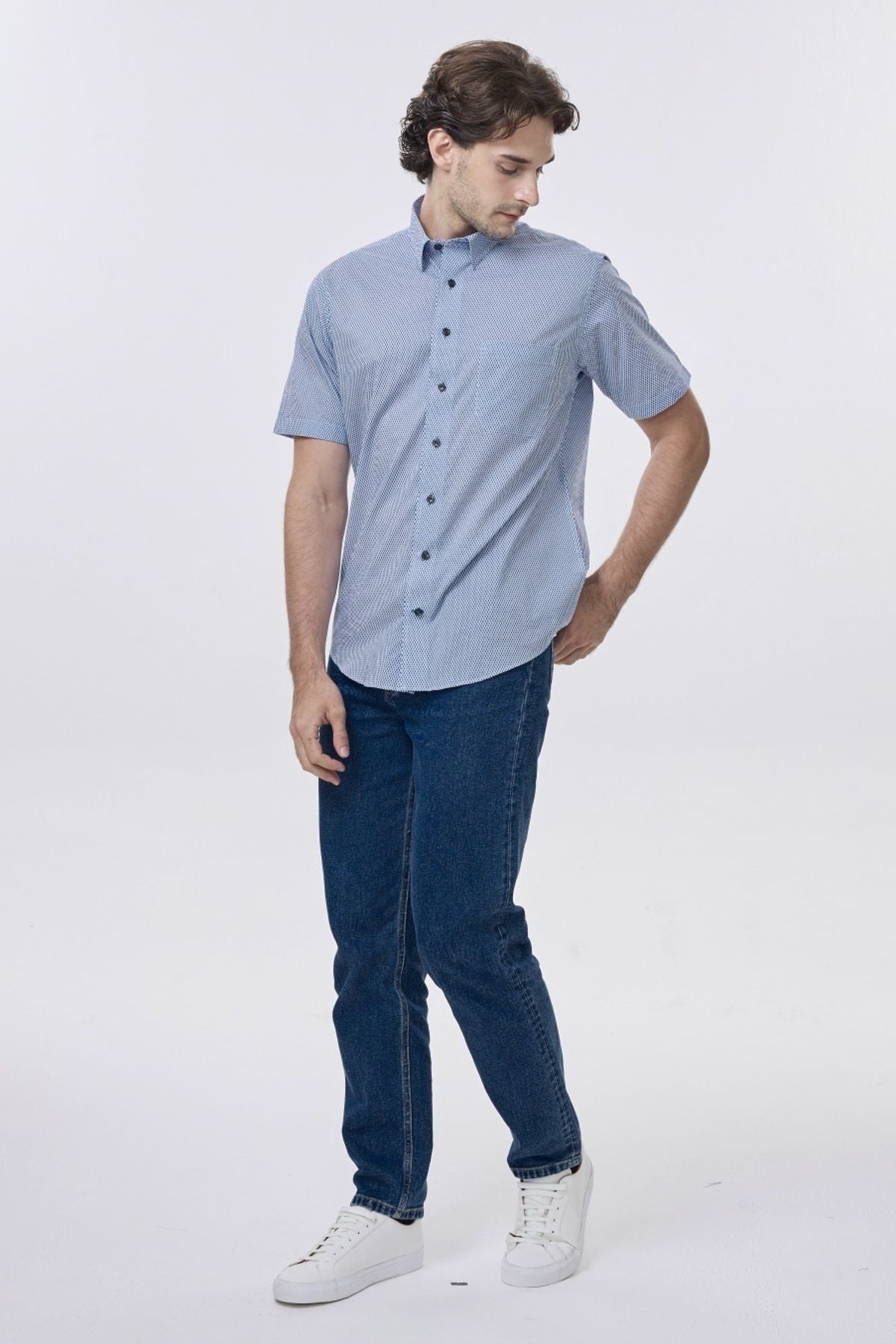 Blue and White Micro Geometric Print Short Sleeve No-Iron Cotton Sport Shirt with Hidden Button Down Collar by Leo Chevalier