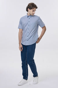 Blue and White Micro Geometric Print Short Sleeve No-Iron Cotton Sport Shirt with Hidden Button Down Collar by Leo Chevalier