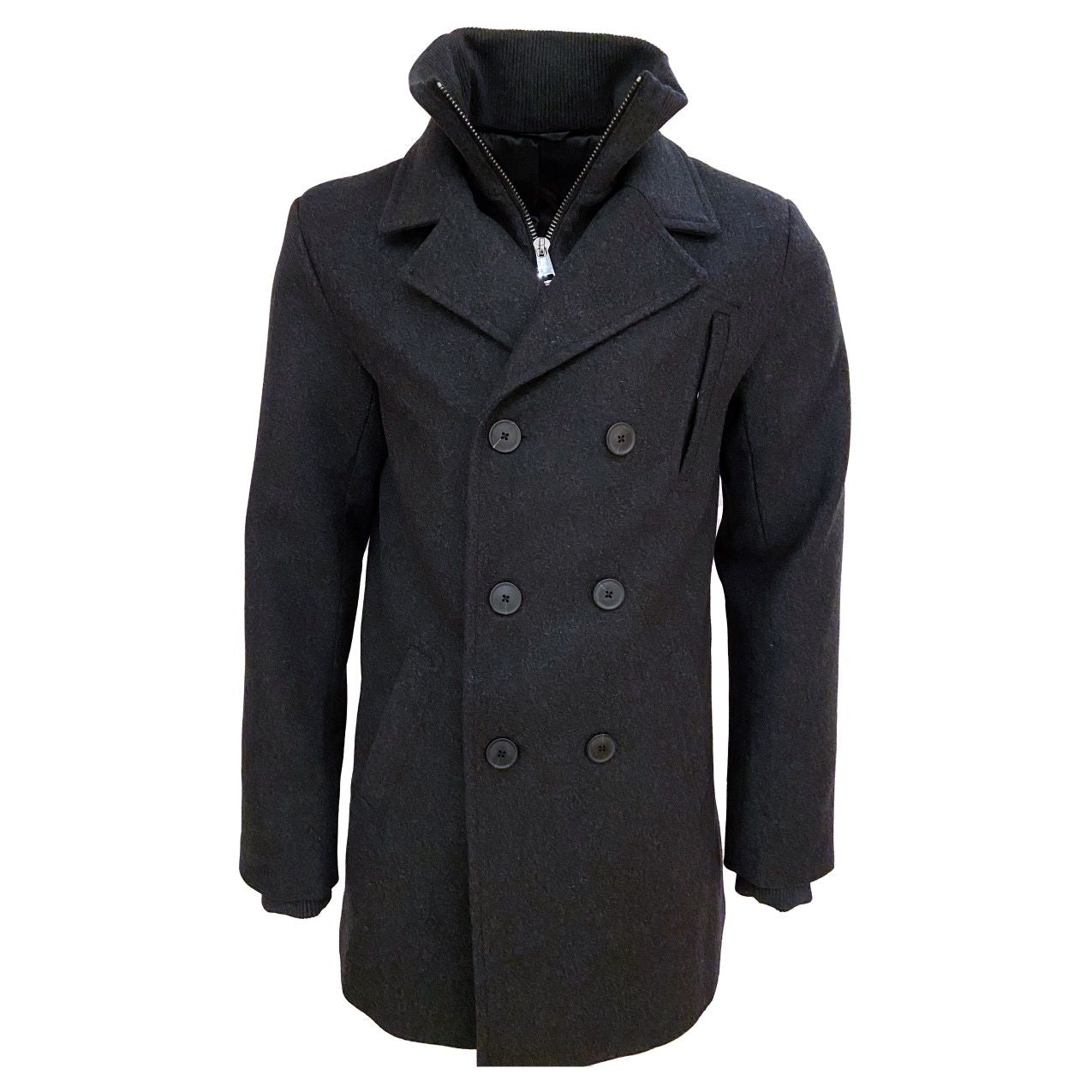 Wool and Cashmere Blend Double Breasted Button Coat with Zip-Out Wind Blocker in Charcoal by Viyella
