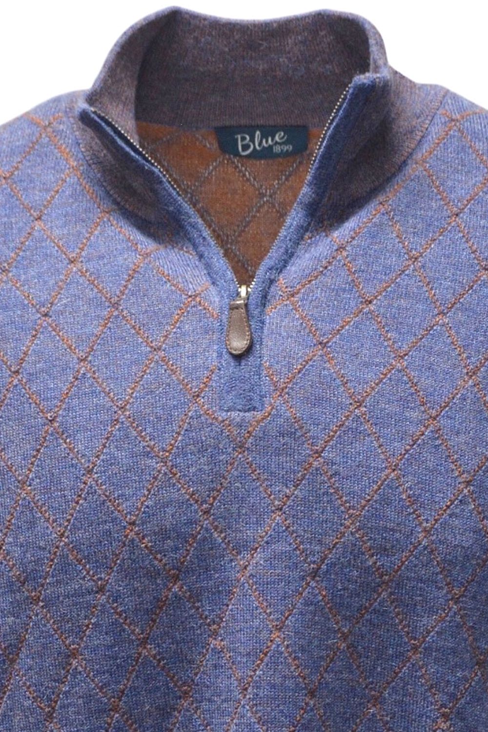 Baby Alpaca Diamond Raker Quarter-Zip Sweater in Denim/Burnt Orange by Blue 1899