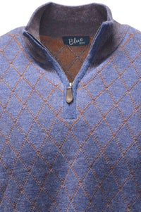 Baby Alpaca Diamond Raker Quarter-Zip Sweater in Denim/Burnt Orange by Blue 1899