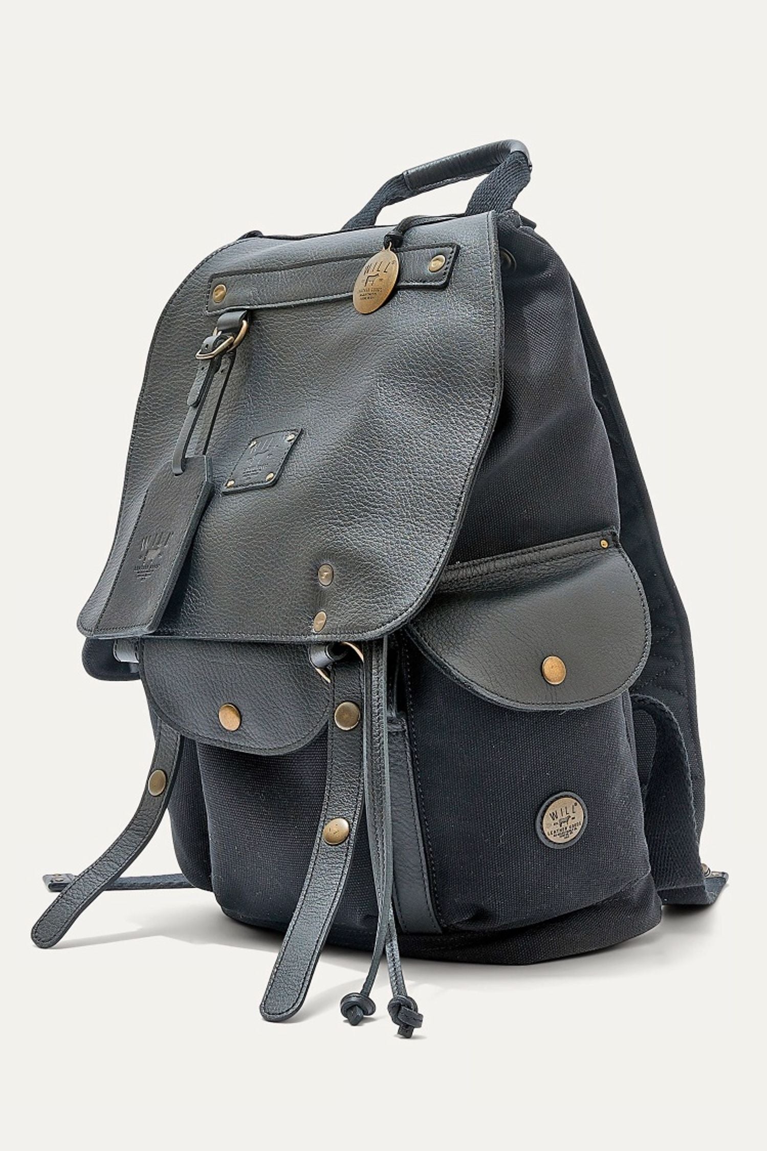 black rivet mens leather canvas backpack brown Lennon Canvas and Leather Backpack in Black with Black Leather by Will
