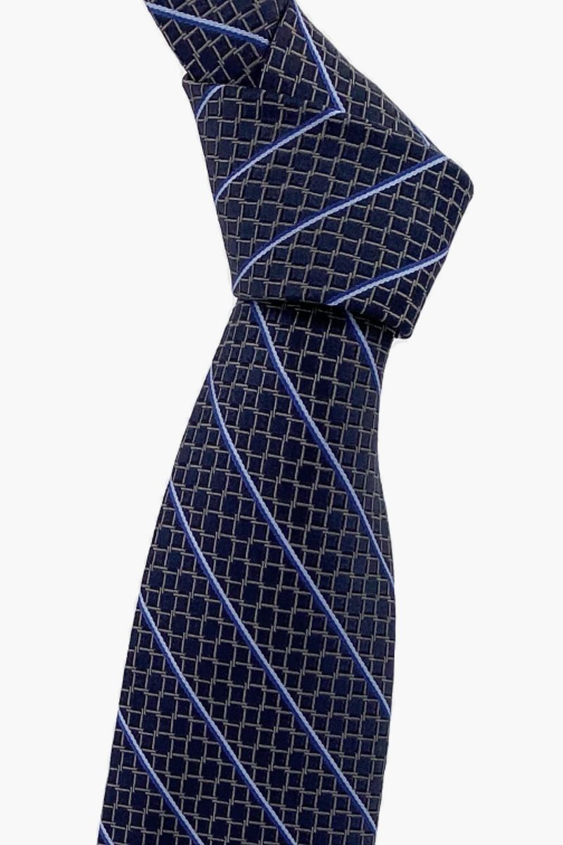 Navy and Grey Geometric and Stripe 'Best of Class' Woven Silk Tie by Robert Talbott
