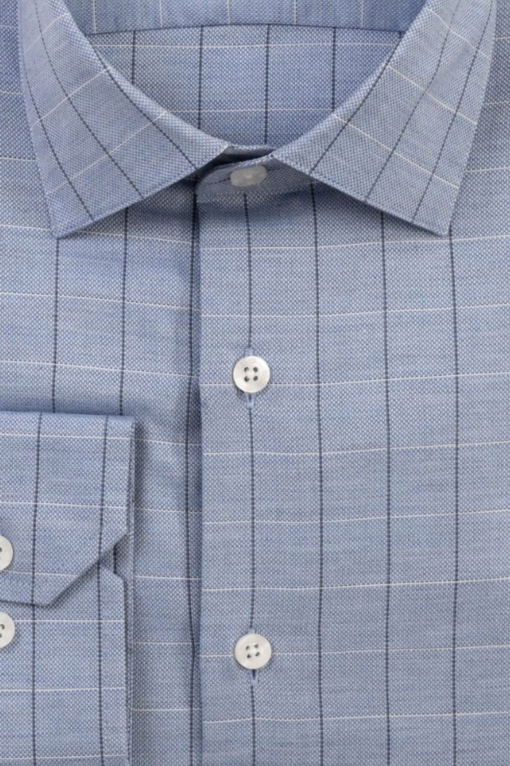Mélange Dobby Windowpane Plaid Cotton Sport Shirt in Blue by Scott Barber
