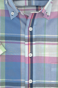Blue, Pink, and Navy Multi Plaid Woven Short Sleeve No-Iron Cotton Sport Shirt with Button Down Collar by Leo Chevalier