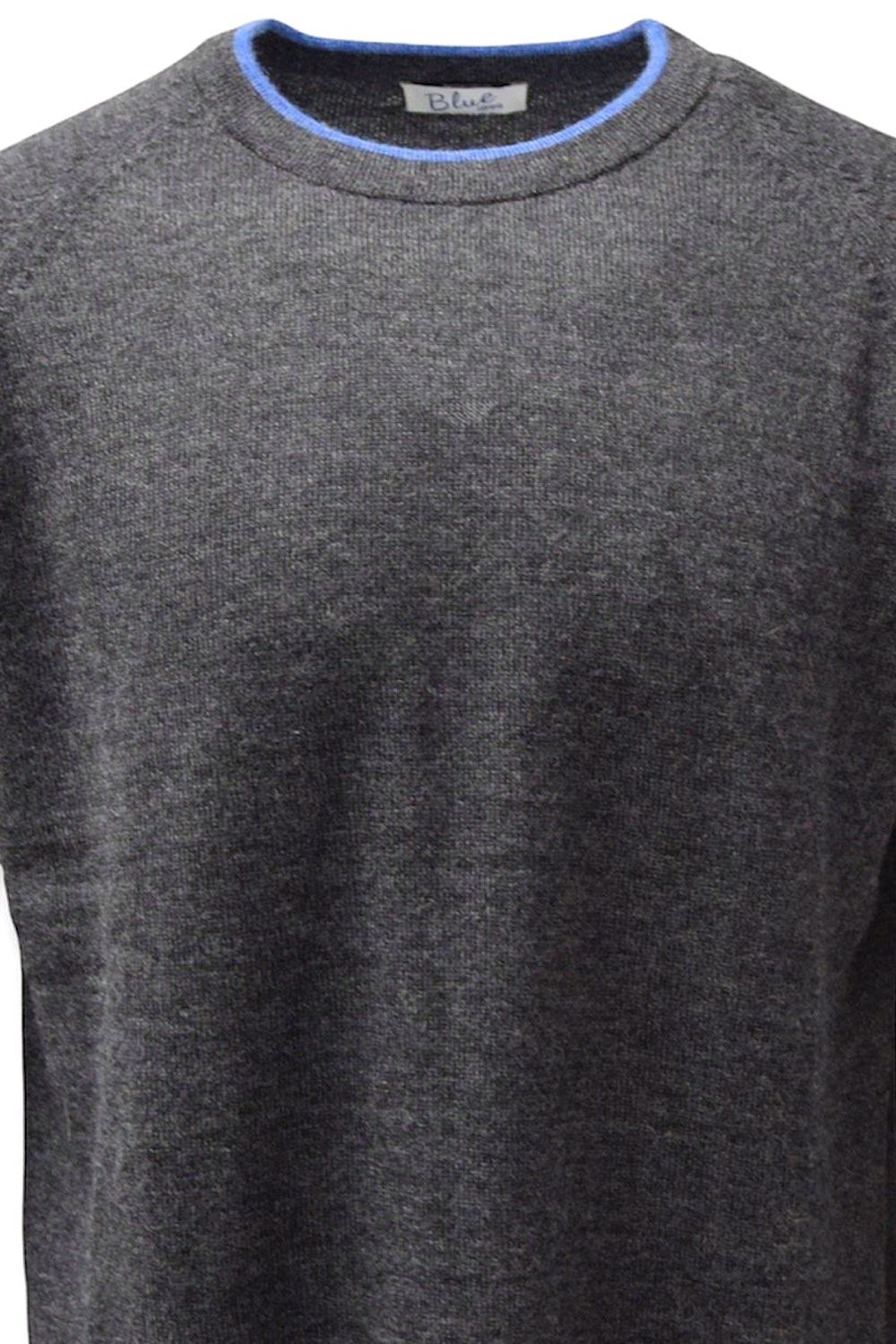 Baby Alpaca Raglan Sleeve Crew Neck Sweater with Contrast Trim in Dark Grey/Surf by Blue 1899