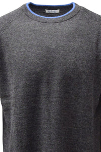 Baby Alpaca Raglan Sleeve Crew Neck Sweater with Contrast Trim in Dark Grey/Surf by Blue 1899