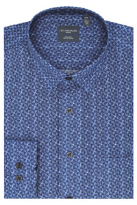 Multi Blue Geometric Cotton Sport Shirt with Hidden Button Down Collar by Leo Chevalier