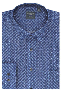 Multi Blue Geometric Cotton Sport Shirt with Hidden Button Down Collar by Leo Chevalier