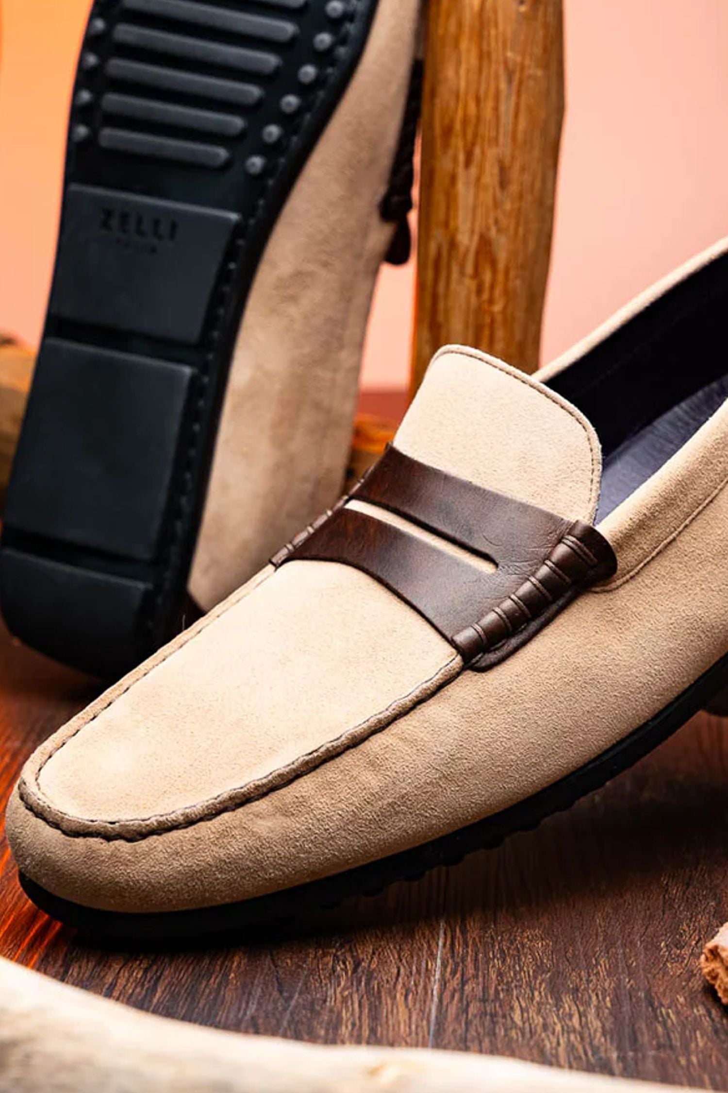Monza Sueded Calfskin and Crocodile Driver in Bone and Chestnut by Zelli Italia