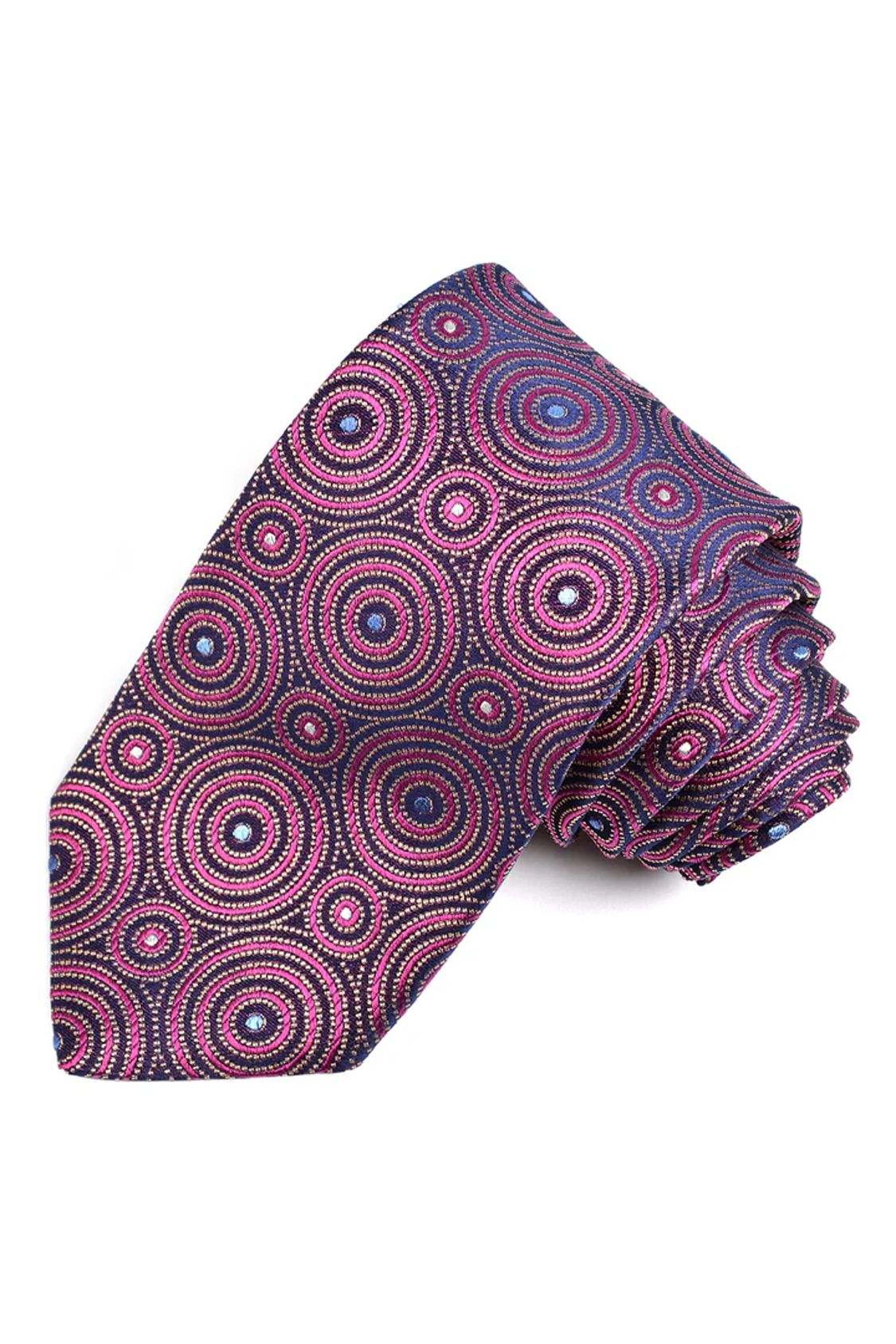 Navy, Fuchsia, Steel, and Sky Circular Dot Medallion Italian Silk Woven Jacquard Tie by Dion Neckwear