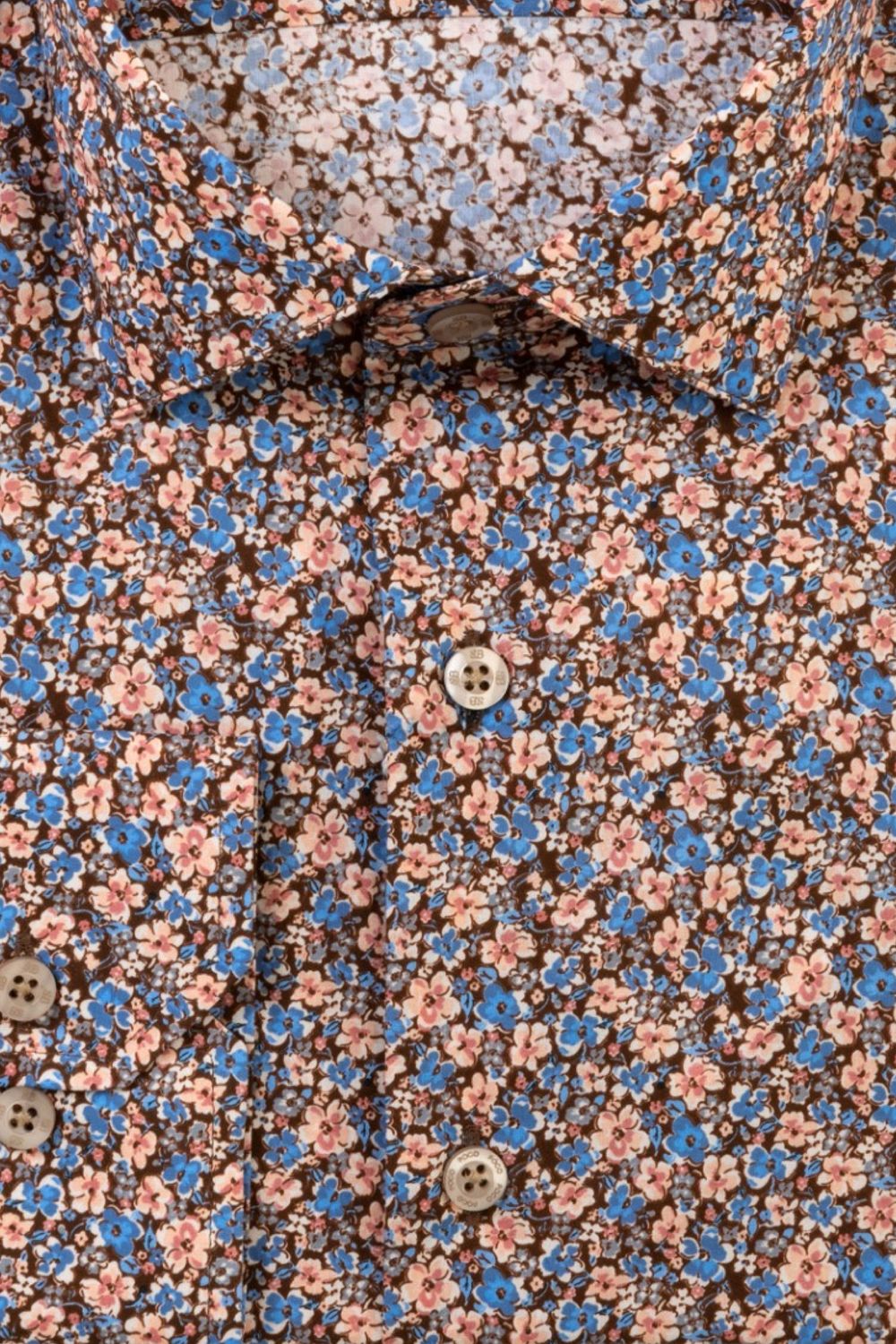 Italian Micro Floral Print Long Sleeve Sport Shirt in Blue, Brown, and Pink by Scott Barber