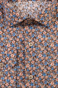 Italian Micro Floral Print Long Sleeve Sport Shirt in Blue, Brown, and Pink by Scott Barber