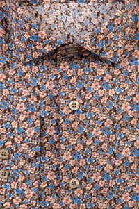 Italian Micro Floral Print Long Sleeve Sport Shirt in Blue, Brown, and Pink by Scott Barber