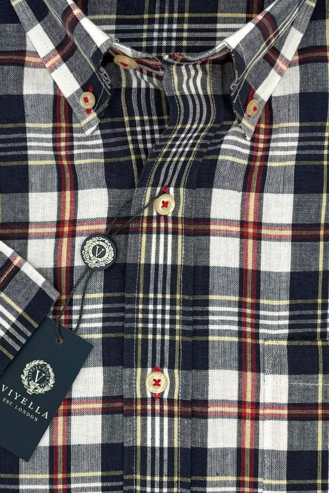 Cotton Madras Short Sleeve Cotton Sport Shirt in Navy, White, and Red Plaid by Viyella