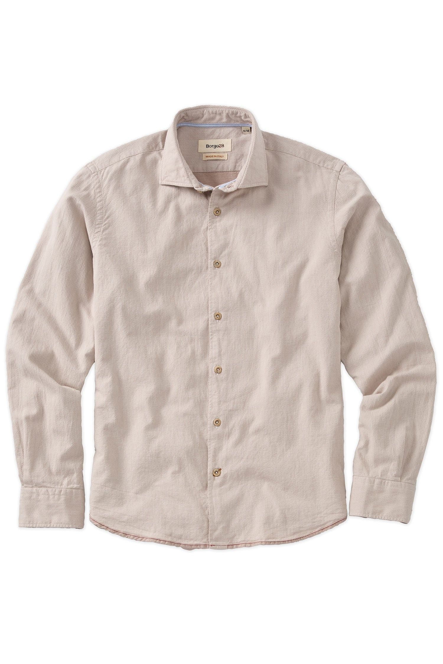 Italian Double-Faced Honeycomb Brushed Cotton Long-Sleeve Sport Shirt in Beige by Borgo28