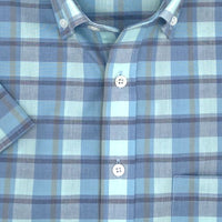 Aqua Multi Plaid Short Sleeve No-Iron Cotton Sport Shirt with Button Down Collar by Leo Chevalier
