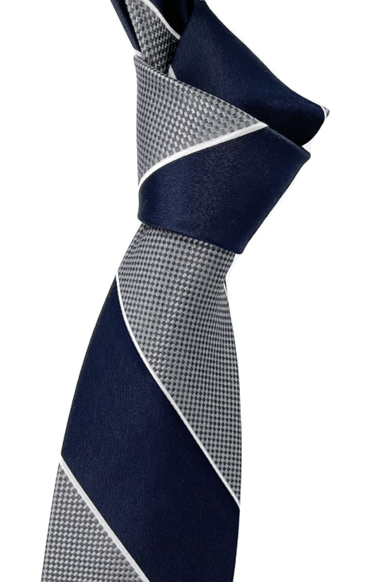 Navy and Grey Wide Multi-Textured Stripe Woven Silk Tie by Robert Talbott